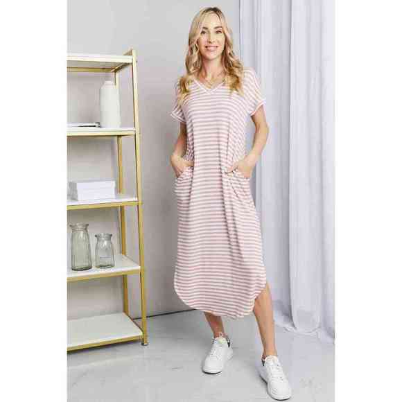 Heimish Dresses & Skirts - Heimish Full Size Horizontal Stripe Side Slit V-Neck Dress